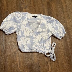 Banana Republic Top Womens S Small White Blue Puff Sleeve Floral